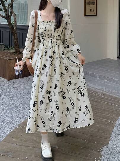 Vestido camisero holgado informal de manga larga con cuello de solapa y estampado floral para mujer