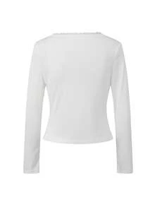 Women's Long Sleeve Blouse Casual Slim Fit Stylish Lace Trim Solid Color Button Crew Neck Tops For Fall And Spring - White - View 7