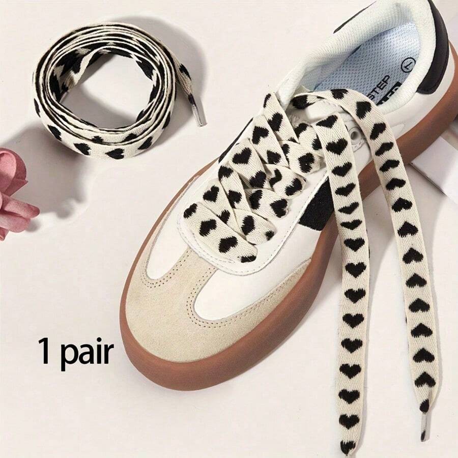 Pair Of Heart-Shaped Flat-Soled Shoelaces - Lightweight Polyester With Pink Hearts And Ribbon Bows For Casual Sneakers, Flats, Boots - Stylish And Durable Footwear, Lightweight Fiber Shoelaces - màu đen - Xem 1