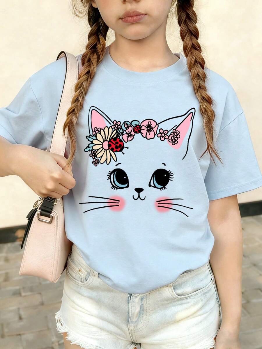 少女休闲可爱猫咪印花圆领短袖T恤,夏季上衣,适合可爱女孩日常穿着 - 淺藍色 - 查看 1