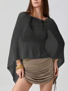 Women Sheer Knit Crochet Poncho Top Mesh Off Shoulder Shrug Summer Asymmetrical Shawl See Through Bolero Cover Up Tops - Black - View 2