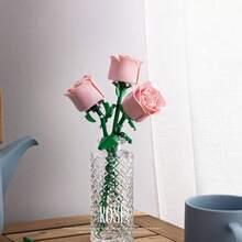 1件/3件装积木拼装仿真玫瑰花，蓝玫瑰、红玫瑰、粉玫瑰，积木花，永生花，室内装饰，卧室装饰，桌面装饰，适合情人节、圣诞节、新年（不含花瓶） - 彩色 - 查看 3