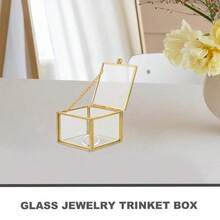 1 pieza Caja de joyería rectangular de vidrio con decoración de cadena dorada vintage - Cierre con cremallera segura, exhibición transparente para aretes, anillos, collares, pulseras - Organizador de joyas y almacenamiento elegante para el hogar - ORO - Ver 2