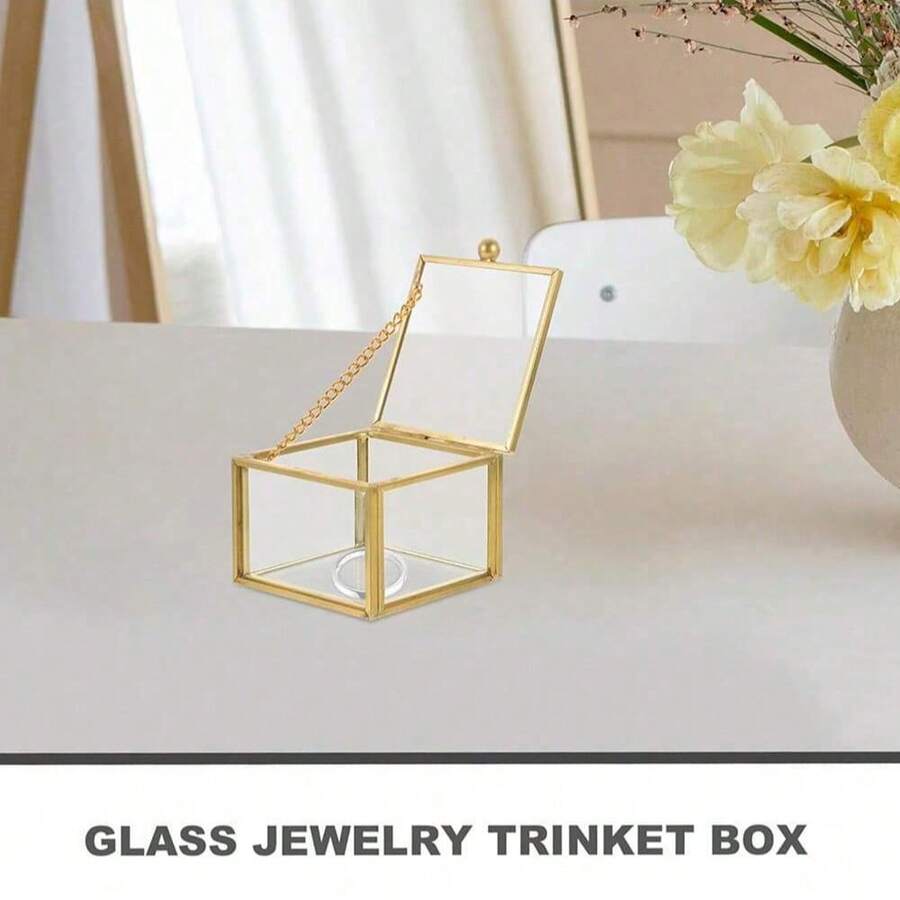 1 pieza Caja de joyería rectangular de vidrio con decoración de cadena dorada vintage - Cierre con cremallera segura, exhibición transparente para aretes, anillos, collares, pulseras - Organizador de joyas y almacenamiento elegante para el hogar