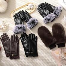 Womens Leather Gloves,Winter Black PU Leather Gloves For Women Touchscreen Fur Cuff Warm Soft Driving Texting Glove - 黑白 - 查看 7