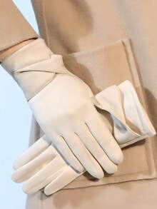 1 Pair Women's Warm Touchscreen Gloves With Elegant Bow Decor, Suitable For Cycling And Driving In Winter