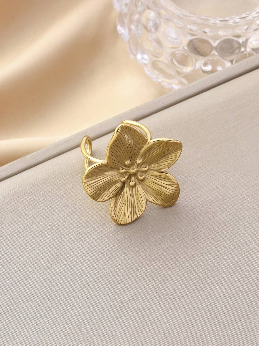 Elegant Stainless Steel Big Flower Ring, Gold Color, New Open Ring Design, Finger Jewelry, Wedding Gift, Punk Style, Valentine's Day Gift, Gift For Mom, Mother's Day - Flower - View 1