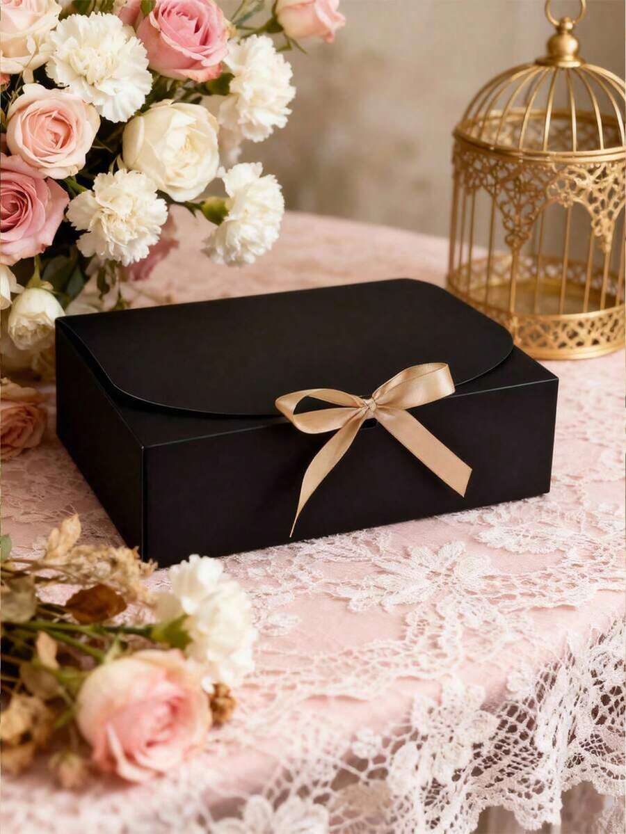 10 piezas Cajas de regalo negras con tapas y cintas, cajas de embalaje cuadradas con cinta, adecuadas para cajas de invitación de damas de honor, cajas de regalo de boda, cajas de regalo de cumpleaños, cajas de baby shower, regalos del Día de San Valentín, etc. - Negro - Ver 1