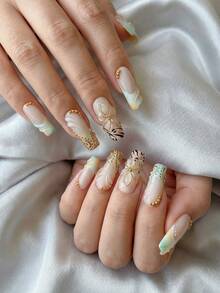 10 PCS Handmade Y2K Fairycore Long Square Press On Nails, Mint Green Peach Gradient With 3D Flower & Gold Swirls For Wedding Party, Removable Reusable Nail Set (Jelly Glue & Nail File Incl.) - 彩色 - 查看 2