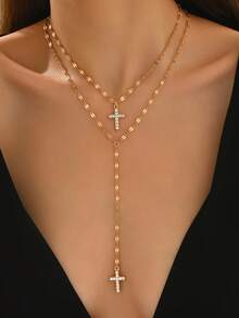 2件套优雅金色手工链项链，时尚百搭水钻十字架吊坠颈链，适合女性日常佩戴、约会、派对、音乐节等场合。 - 彩色 - 查看 1