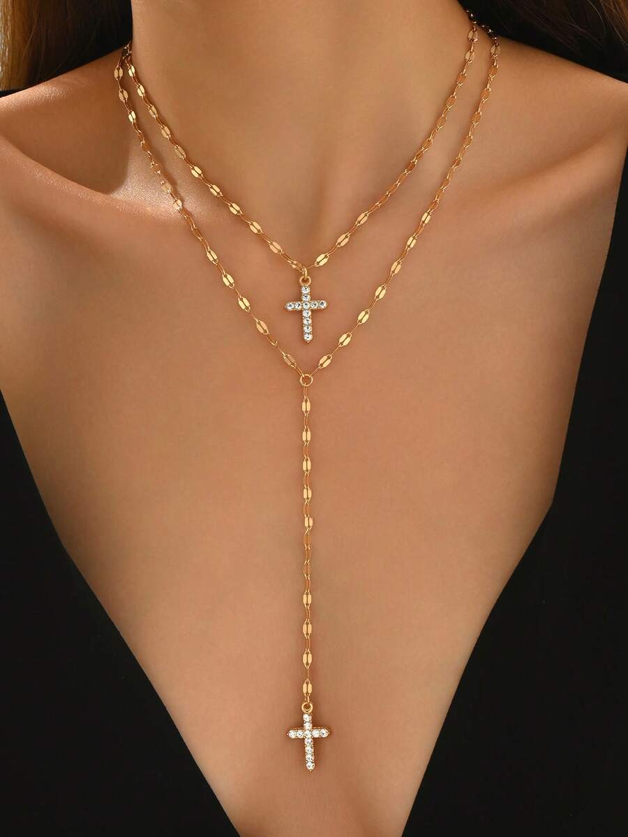2件套优雅金色手工链项链，时尚百搭水钻十字架吊坠颈链，适合女性日常佩戴、约会、派对、音乐节等场合。 - 彩色 - 查看 1