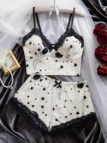 2-Pcs Women's Star Pattern Pajama Set & V-Neck Lace Bow Striped Knitted Halter Top Shorts & Comfortable Soft Home Wear Sleepwear Set