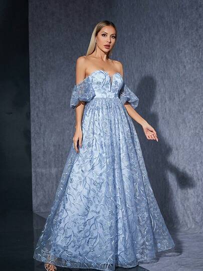 Vestido azul de línea A con un hombro, encaje floral y mangas abullonadas, elegante vestido de verano para mujer, boda, fiesta