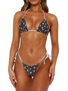 Women Y2k Brazilian Sexy Polka Dot Bikini Set Halter String Triangle Tie Side Cheeky Thong 2 Piece Bathing Suit Swimwear Beach Vacation Beachwear Summer Holiday Outfits - 淺藍色 - 查看 1