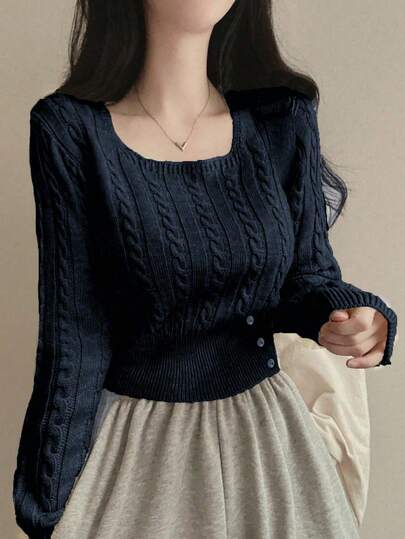 韩版休闲秋冬绞花针织毛衣，单排扣方领纯色套头衫（女款）