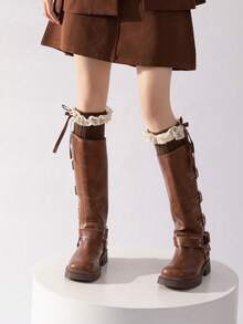 1/2 Pair Of Women's Warm Leg Pants, Coffee Colored Knitted Warm Calf Leather, Suitable For Autumn And Winter Wear, Christmas Decoration, Valentine's Day, Back To School Season Clothing Matching, Comfortable 4F2L - 高筒襪 - 查看 6