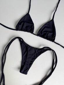 String Bikini With Micro Thong Bottom For Tan Lines - Elegant Tie-Back Closure, Perfect For Vacation Or Beach. - màu đen - Xem 4