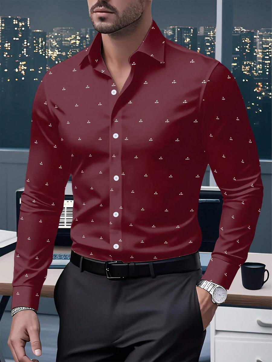 Men's Fashionable Printed Shirt, Spring/Autumn Casual Breathable Turndown Collar Button Long Sleeve Shirt - Burgundy - View 1