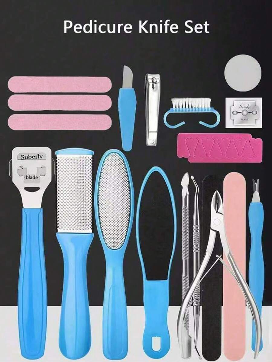 Foot Care Set, Includes Foot Grater, Callus Remover, Foot File, Manicure Tools, Home Salon And SPA Dedicated Callus Removal Kit, Suitable For Boys, Girls And Children, Stainless Steel Foot Rasp, Foot Cleaner, Nail Clippers - Blue - View 1