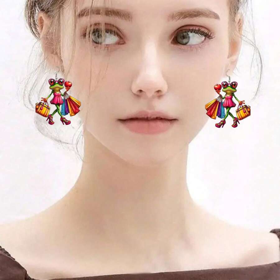 Acrylic Frog Earrings Acrylic Pendant Allergy-Free Double-Sided Fashion Accessories Decorative Pendant Perfect Gift For Casual Wear Or Special Occasions, Women's Gift Vibrant Pattern Earrings - Multicolor - Ver 1