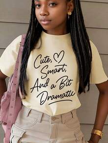 Tween Girls' Casual Letter Print Short Sleeve T-Shirt, Summer - Apricot - View 1