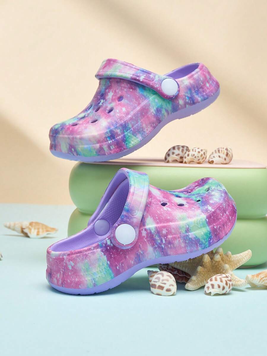 Kids' Printed Slip-On Sandals, Non-Slip EVA Casual & Fashionable, Comfortable Soft Thick-Soled Beach Shoes, Hollow Hole Slippers - Purple - View 1