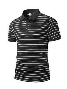 （预购）男士短袖 Polo 衫，黑白条纹，休闲运动百搭上衣 - 黑色 - 查看 4