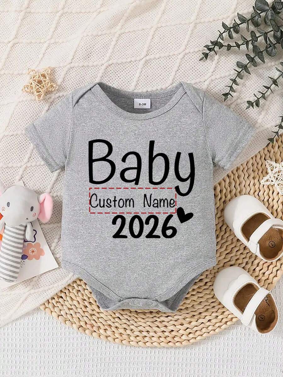 [Custom] Personalized Name Print Baby Toddler Boy Girl One-Piece Outfit, Cute Casual Romper, Jumpsuit, Top, Birthday Gift - Round Neck, All Season Wear, Fashion Casual - Grey - View 1