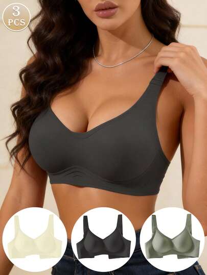 3pcs/Set Plus Size Wireless Bras For Breast Lift & Support, Thin Style Minimizing Bra For Large Bust
