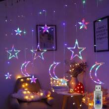 1pc 5-Pointed Star & Moon Panoramic LED Curtain Light, 2026 New Star & Moon Curtain Light - USB Powered, Star & Moon Divider Fairy Lights, LED String Lights, Dreamy Starry Sky Style, Suitable For Room, Living Room, Window, Stairs, Balcony, Gift, Party Decor, Holiday Decor - Stars and Moon - View 6