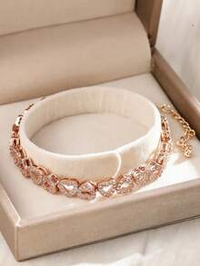 1件装奢华立方氧化锆心形可调节手链，简约优雅闪亮新娘礼物 - 玫瑰金 - 查看 4