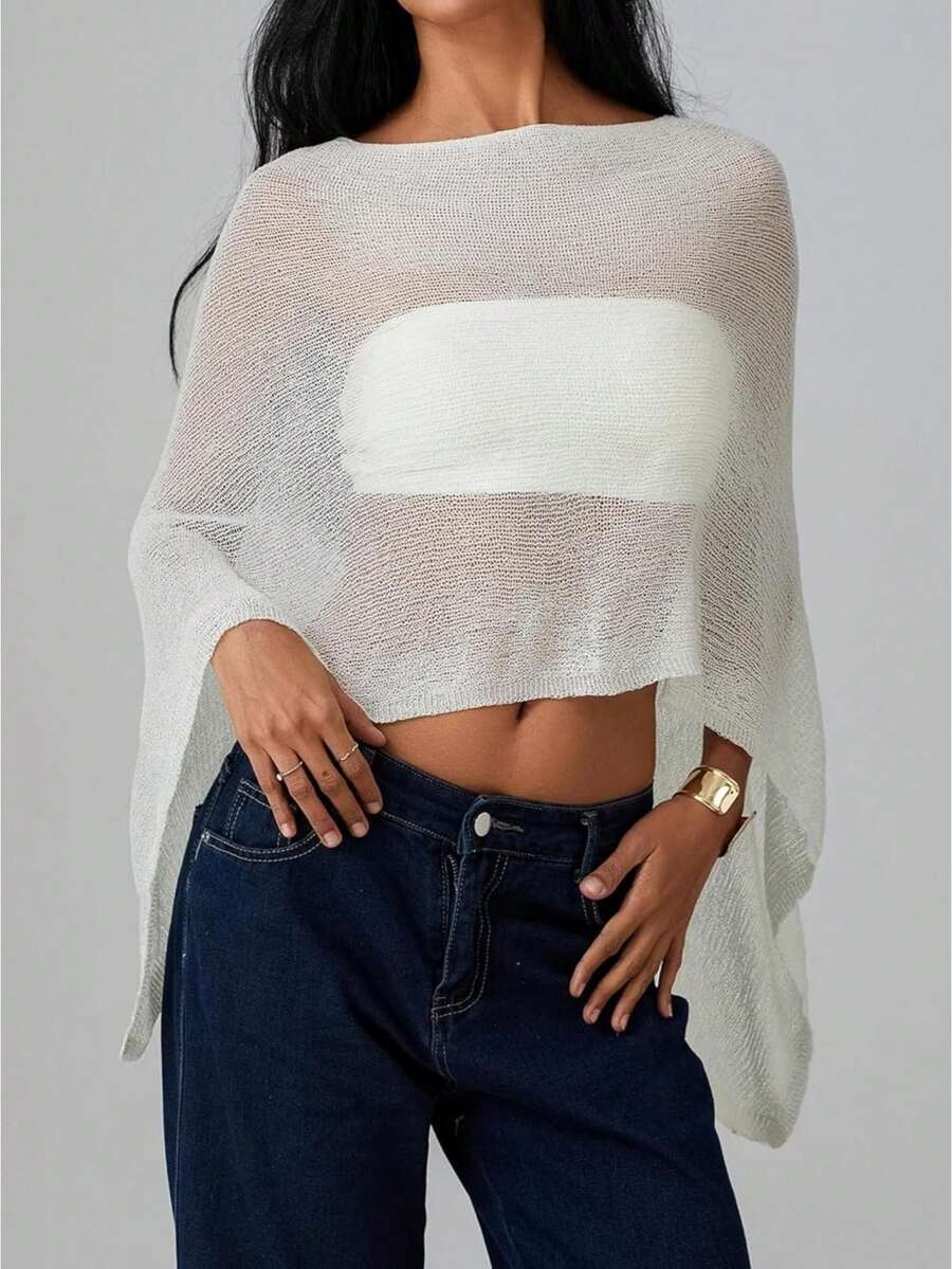 Women Sheer Knit Crochet Poncho Top Mesh Off Shoulder Shrug Summer Asymmetrical Shawl See Through Bolero Cover Up Tops - trắng - Xem 1