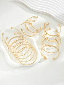 15件套复古优雅金属镂空雕刻爱心结花朵星星叠戴手链套装，个性化简约高端叠戴手镯，适合女性，节日、派对、约会、送礼、日常佩戴 - 金黃色 - 查看 3