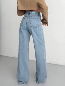 High Waist Plain Casual Comfortable Denim Pocket Zipper Button Jeans - Dark Wash - View 5