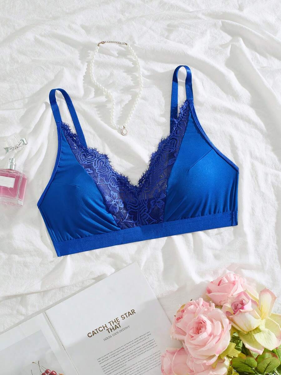 大码女士花卉蕾丝时尚深V性感文胸 - 藍色 - 查看 1