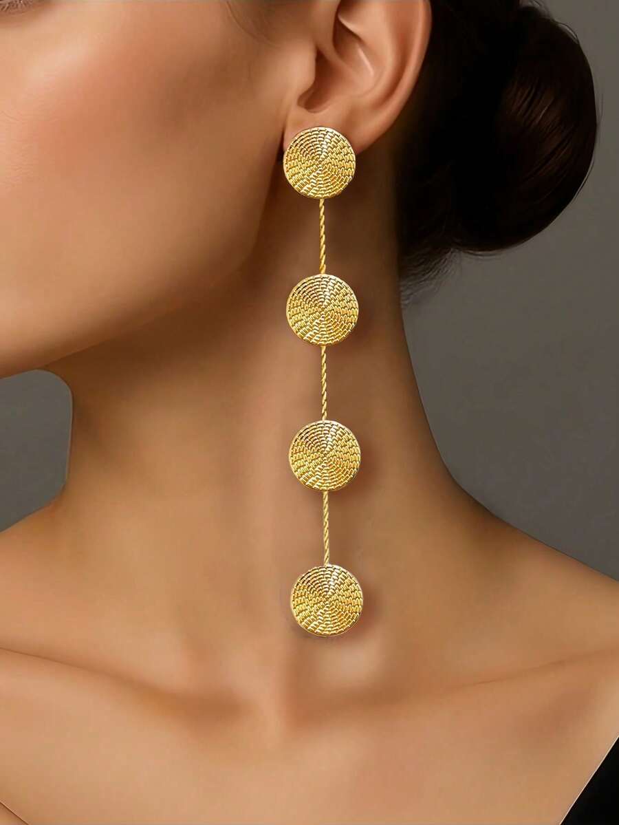 1 Pair Fashionable Minimalist Extra Long Hollow Geometric Round Pendant Earrings, Gold Color - Yellow Gold - View 1