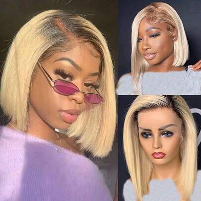 4/613 Honey Blonde Short Wavy Lace Front Wig, Human Hair, Freely Parted/Middle Parted/Side Parted, 180% Density, 10 Inch/12 Inch, Brazilian Soft Human Hair Wig, Blonde Human Hair Wig, No Glue Needed, Instant Wear, Women Short Wavy Blonde Wig, Pre-Plucked, Same Day Shipping