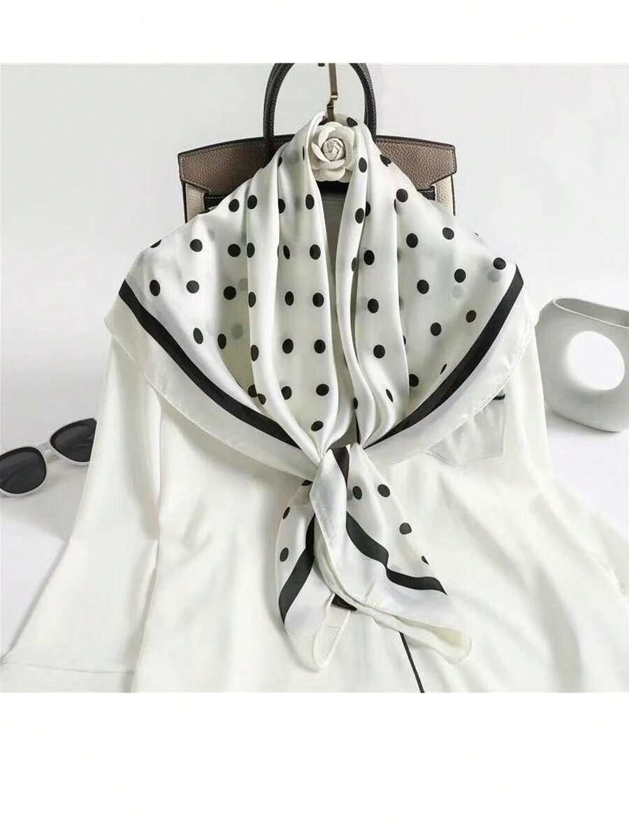 MilyModa Large Polka Dot Print Satin Scarf, Multipurpose, 90x90, Cropped, Bandana, Turban - Bolinha-branco - View 1