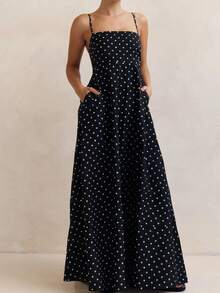 Women's Polka Dot Vest Dress With Open Back And Thin Straps Elegant Long Summer Vacation Dress Flowing Slip Dress - 黑色 - 查看 5