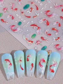 5D卡通锦鲤浮雕美甲贴纸2片装 红粉渐变可爱招财鱼莲花金元宝图案DIY卡哇伊自粘凝胶指甲油沙龙贴纸滑块美甲装饰 - 彩色 - 查看 9