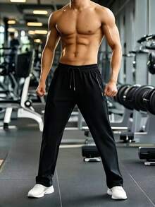 1条男士抽绳腰纯色运动裤长款休闲裤基础款 - 黑色 - 查看 8