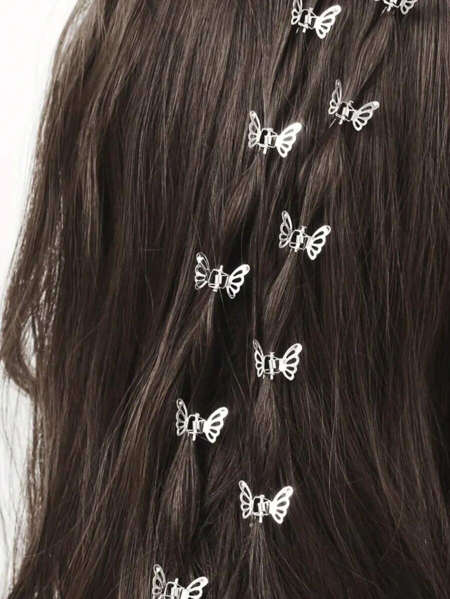 10个/套 女孩可爱金属蝴蝶发夹，优雅装饰发饰，适合刘海、马尾辫、编发，欧美风格 - 銀色 - 查看 1