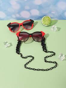 2pcs Girls' 3-8Y Polycarbonat Cat Eye Frames Y2K Flower Embellishment Fashion Glasses And 1pc Glasses Chain, Outdoor Travel Holiday Party - Multicolor - View 7