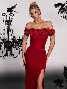 VIPGIRL 3D Floral Elegant High-End Design Split High Waist Long Legs Women's Evening Gown - Red - View 5