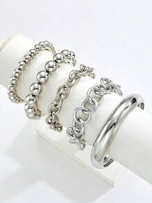 5 Peças Conjunto de Pulseiras e Braceletes Geométricos Assimétricos Vintage, Elegantes e Casuais, com Contas CCB, Oco, Minimalista, Personalizado, Espesso, Liso, de Alta Qualidade, Adequado para Mulheres, Festa, Encontro, Presente, Uso Diário, Versátil - Prata - Visão 4