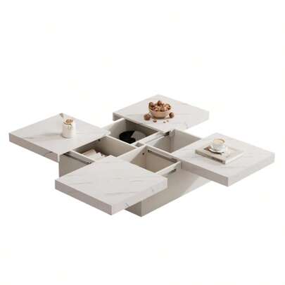 Modern White Square Coffee Table With Marble Look, 90 X 90 X 25 Cm – Old Drawers, Sliding Tabletop, Load Capacity Up To 30 Kg