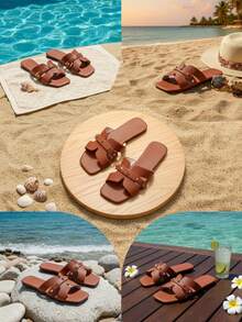 زوج من الشرائح البنية الخفيفة للاستخدام الداخلي/الخارجي ذات الفتحة المفتوحة للأصابع، مميزة بتصميم لون أحادي بسيط، تصميم جلد التمساح من جلد PU الفاخر، زخرفة من الراين الذهبي، شرائح بطراز عربي للمراهقات، مع نعل مطاطي سميك مرن، تصميم سهل الارتداء، مناسبة للفتيات من عمر 10 إلى 17 سنة للاستخدام اليومي الداخلي والخارجي والشاطئ والعطلات، موديل جديد لربيع/صيف 2026 - بني - مشاهدة 7