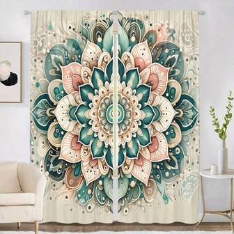 2 piezas Cortinas con patrón de mandala floral, cortinas colgantes de estilo bohemio, impresión digital, colores vibrantes turquesa y coral, adecuadas para todas las estaciones, decoración del hogar para sala de estar, dormitorio, estudio, estilo nórdico y de lujo, decoración navideña, instalación con bolsillo para barra, cortinas de tela de poliéster transparente para sala de estar, habitación de princesa, armario, dormitorio, cocina, baño