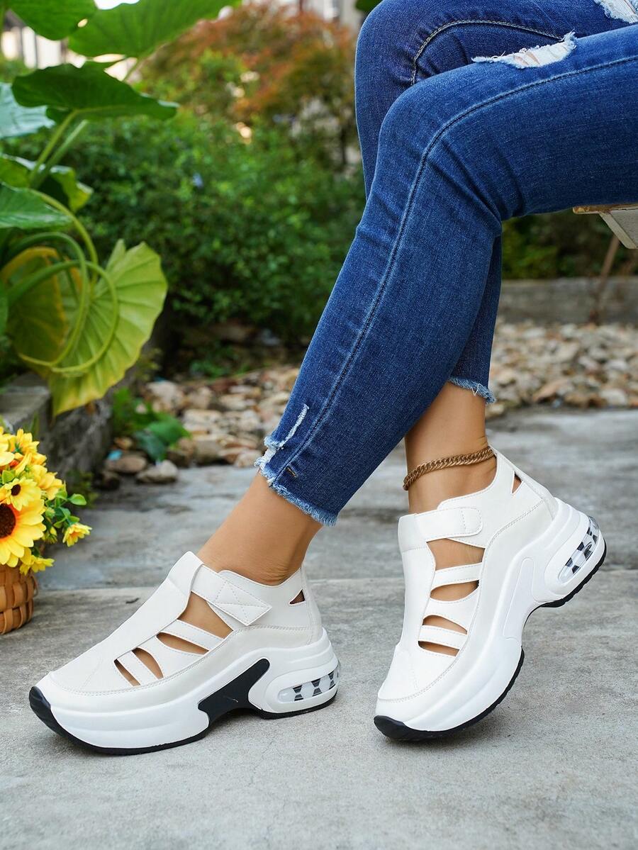 Hollow Breathable Women's Thick Sole Casual Sneakers, Fashionable Minimalist Slip-On Sandals, Suitable For Spring/Summer Casual, Commuting And Walking - White - View 1