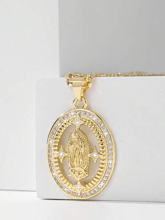 1pc Classic European Style Copper Material Guardian Angel Guadalupe Virgin Mary Pendant Necklace, Limited Edition, Suitable For Christmas/Thanksgiving/Halloween/Mother's Day/Valentine's Day Gifts For Couples/Friends/Godparents, Catholic First Communion, Gifts, Daily And Holiday Wear For Prayer
